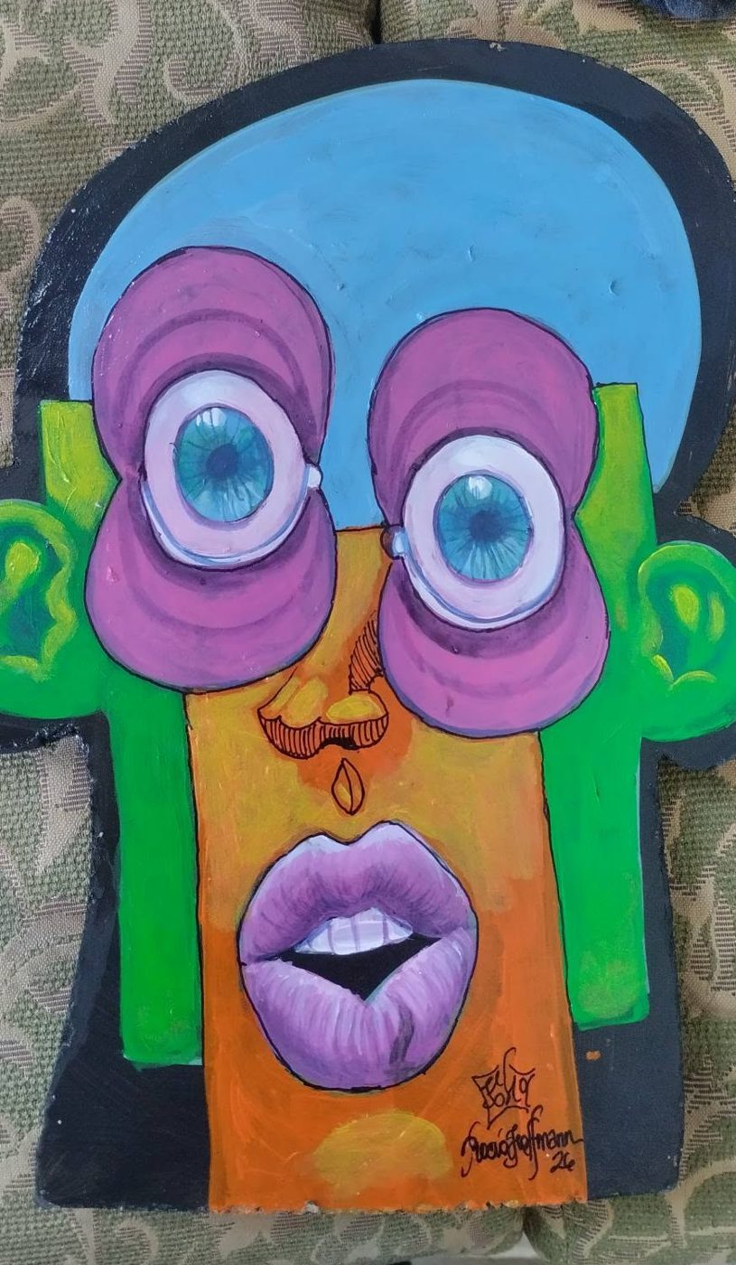 Cut-out Puzzle piece: a face with a light blue head, purple circles around blue eyes and lilac lips
